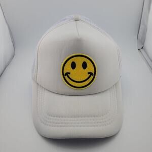 Smiley Face Hat Cap Snap Back White Yellow Mesh Trucker Patch Embroidered Mens